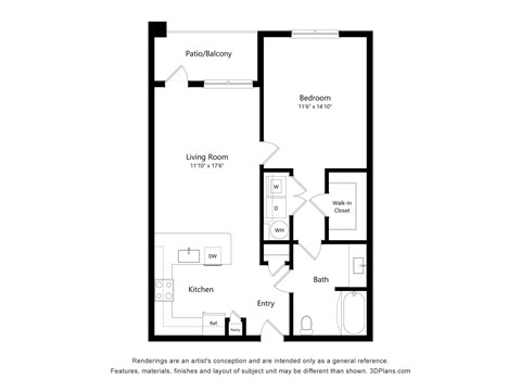 Floor plan for 1 bed, 1 bath, 756 sqft
